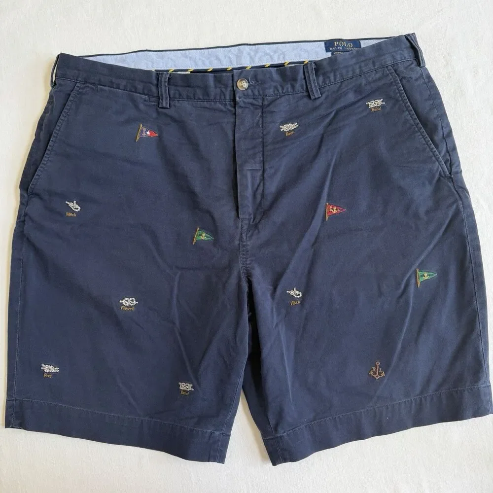 Polo Ralph Lauren Embroidered Flag Shorts 40 X 9 Navy Blue Classic Preppy